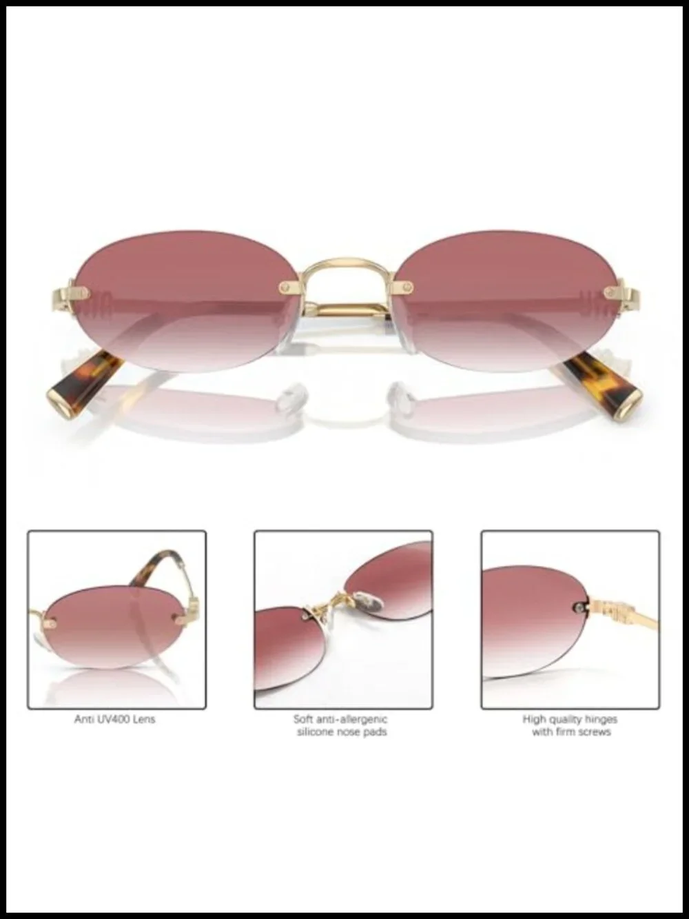 Retro Small Oval Rimless Sunglasses with UV400 Protection